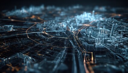 Real-time mapping interface of a futuristic city, providing dynamic location tracking and updates.