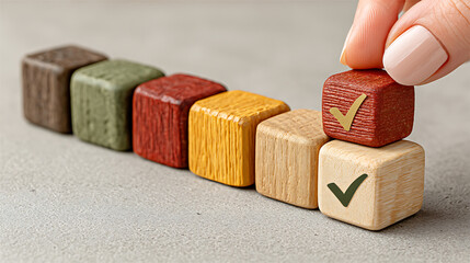 Wooden blocks with check marks stacked by hand showing confirmation and positive choice and progress concept