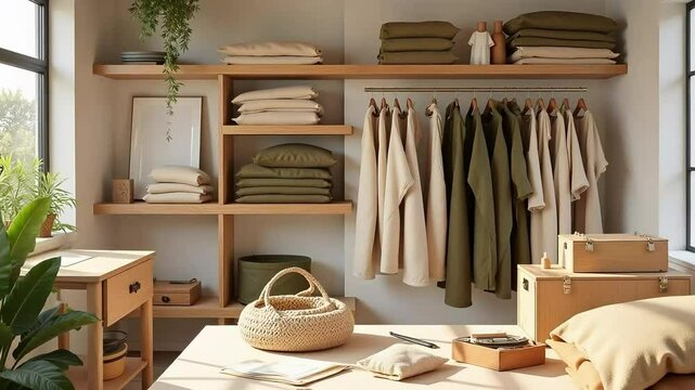 Minimalist walk-in closet with organized wooden shelving, sustainable fashion wardrobe in earth tones, modern interior design for home organization