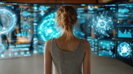 Woman analyzing digital interfaces with futuristic data overlays, technology innovation, UX design, modern workplace