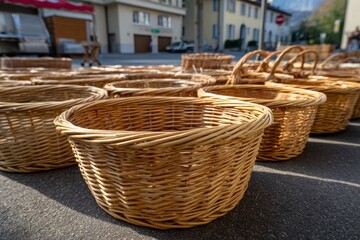 Many round woven baskets are arranged on a surface outdoors with buildings blurred in the background