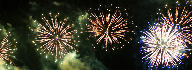 Banner Green firework night time celebrate national holiday. Green Firework celebrate anniversary happy new year 2025 4th of july holiday festival. Countdown New year 2026 festival with copy space