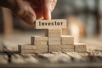 Hand Placing Wooden Block Labeled Investor on Top of Stacked Blocks in Business Concept