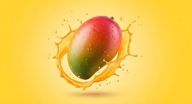 A ripe mango splashing juice on a vibrant yellow background viewed from a front perspective