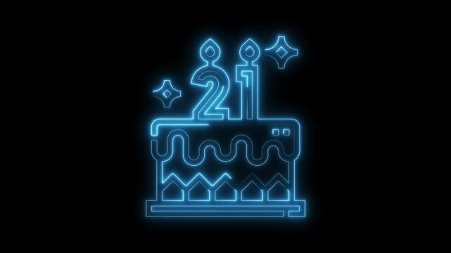 Neon 21st birthday cake animation celebrating young adult milestone on black background