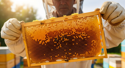 A beekeeper in a protective suit holds up a wooden frame covered in honeycomb and bees