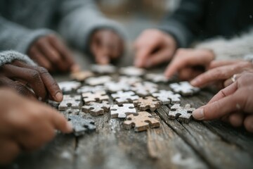 Diverse Team Members Collaborating to Combine Puzzle Pieces Together on a Table Surface