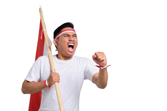Excited young Asian man celebrate Indonesian independence day on 17 August by holding the Indonesian flag isolated on transparent background - Powered by Adobe