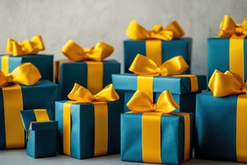 Blue gift boxes with large yellow bows arranged in a festive pile on a neutral background