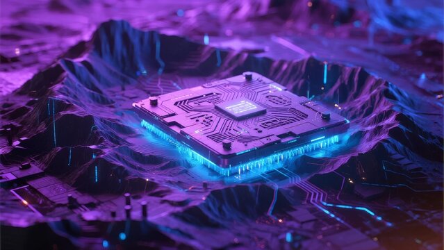 Futuristic CPU Chip Embedded in a Neon-Lit Circuit Landscape