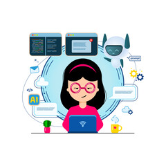 Young girl developer creating websites and cloud applications on laptop with AI assistant. Flat style. Vector illustration.