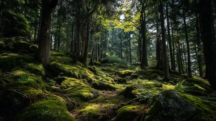 Obraz premium Sun-Dappled Forest Trail with Moss-Covered Rocks and Towering Trees