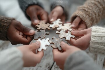 Diverse Team Members Collaborate to Assemble Puzzle Pieces for a Shared Vision