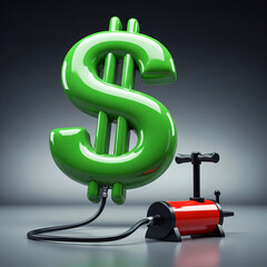 A large green dollar sign attached to a red and black hand pump.