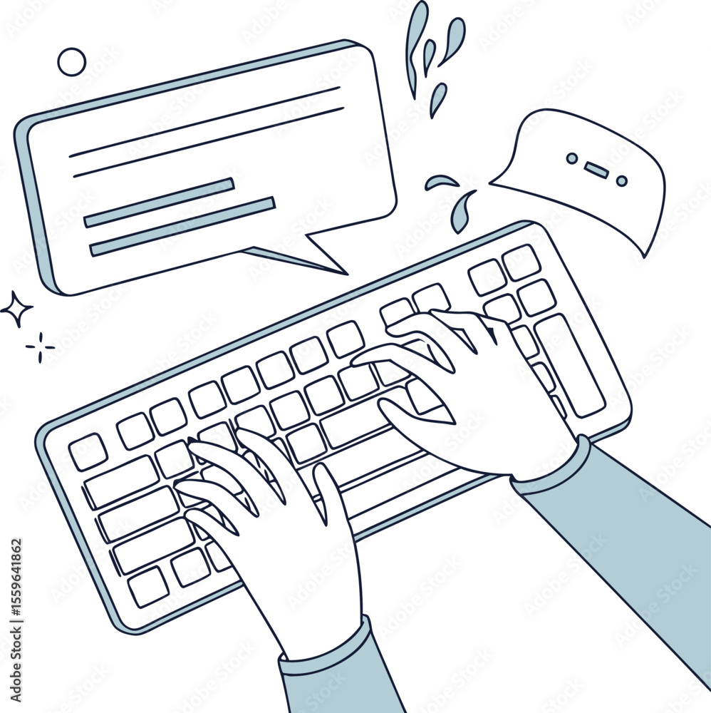 Poster hands typing on a computer keyboard with chat bubbles and water splash elements representing communi