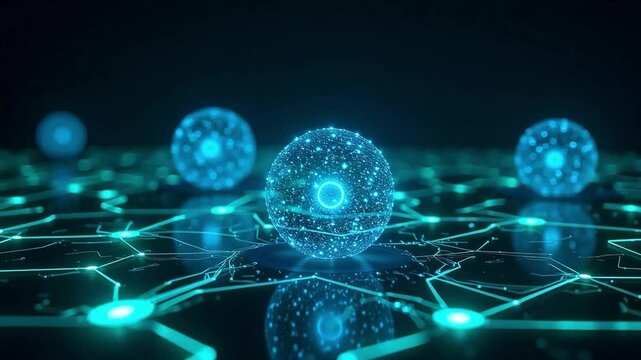 Futuristic digital network nodes, glowing blue data spheres on circuit board background, abstract technology communication concept for web headers