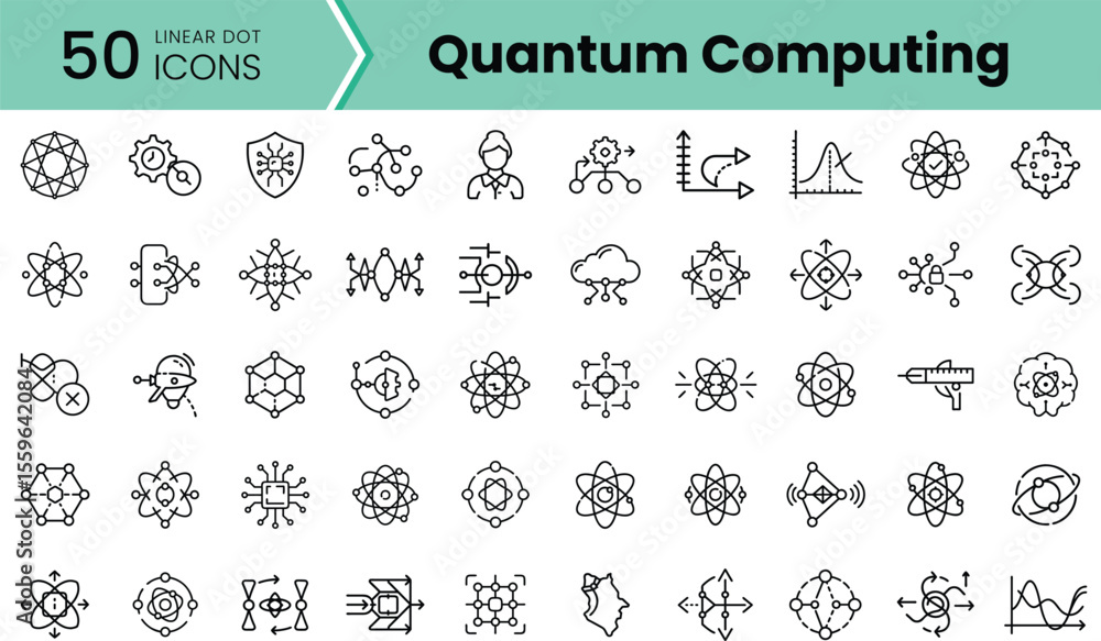 Poster a diverse collection of 50 linear dot icons representing various concepts in quantum computing, feat