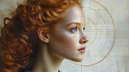 Side profile of a young woman with vibrant red curly hair, against a beige background with a subtle target graphic.