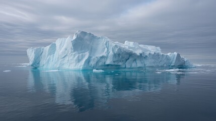 Jagged Iceberg Floating in Calm Waters Beneath Dramatic Clouded Sky