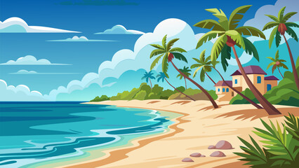 Tranquil Tropical Beach Scene. Palm Trees. Ocean. and Beach Houses
