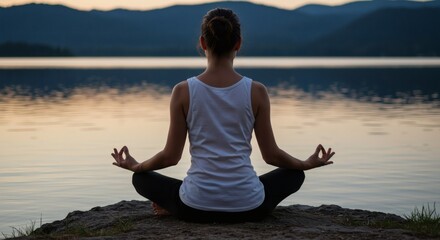 Fototapeta premium A person in a white tank top meditating in a lotus position by a vast lake at dusk.