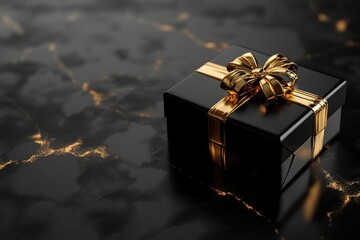 Black elegance theme with a single perfect golden-wrapped gift in 3D
