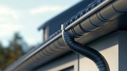Close-up of dark gray gutters and downspout on a modern house.