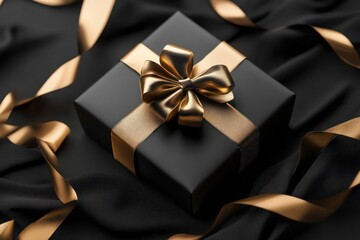 Black elegance theme with a single perfect golden-wrapped gift in 3D