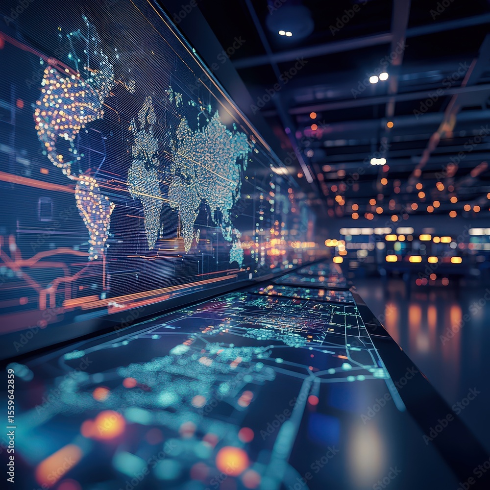 Poster Global data visualization technology conference tech hub infographic display modern environment digital perspective advancements