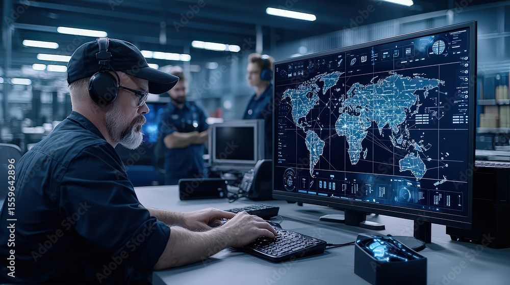 Poster Cyber security analyst monitoring global threats in high-tech command center environment