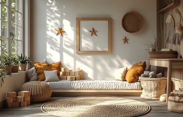 Cozy Daybed with Warm Pillows and Sunlight Through Large Windows

