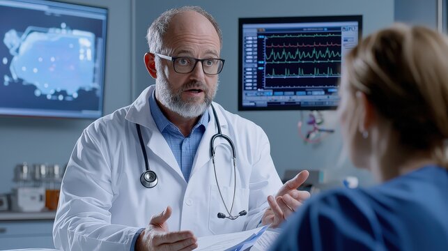 Doctor discusses treatment plan with patient in hospital medical consultation clinical environment professional viewpoint