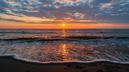 Sunset waves crash along sandy beach nature landscape photography serene atmosphere coastal view