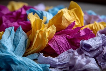 Wrinkled crepe paper in shades of blue yellow magenta and lavender fills the frame The texture of the paper is visible