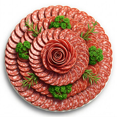 A platter of sliced salami arranged in a spiral with a central rose shape, garnished with parsley and rosemary.