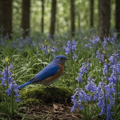 Bluebird beside bluebell flowers in the woods