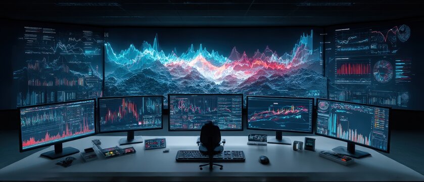 Futuristic trading room with multiple screens