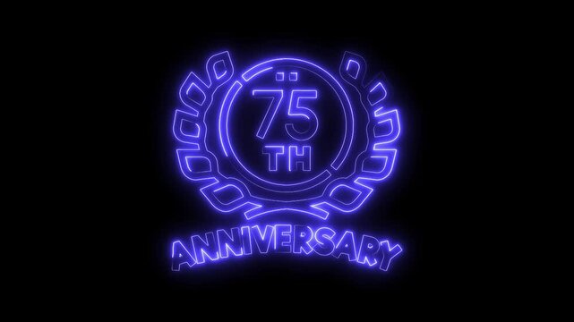 Glowing neon 75th anniversary celebration badge isolated on black background for special occasions