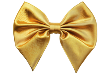A shiny golden bow made of satin ribbon is isolated on transparent background