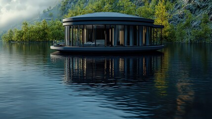 Obraz premium Modern floating home design serene lake architectural showcase tranquil environment aerial view innovative living concept