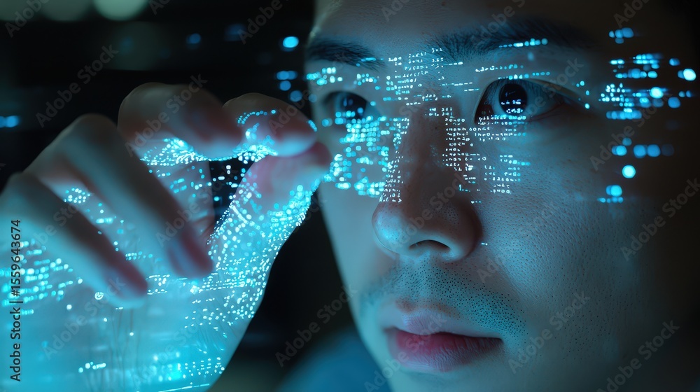 Poster Digital interaction of a user with virtual data technology lab visual exploration futuristic environment close-up perspective
