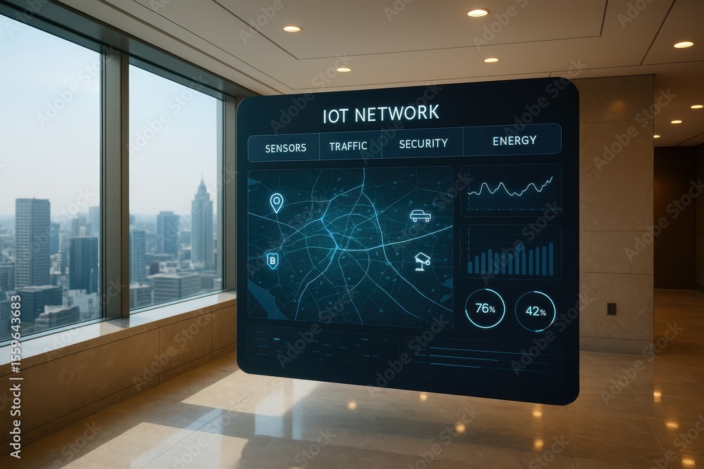 Poster iot network interface with city view provides traffic, sensors, security and energy consumption data