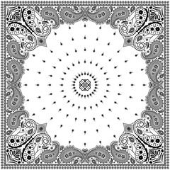 Bandana paisley square ethnic floral hand drawn pattern.Ornament classic vintage vector elements black on white background.Design for scarf,headscarf,kerchief,hijab,tablecloth,print fabric,decoration.
