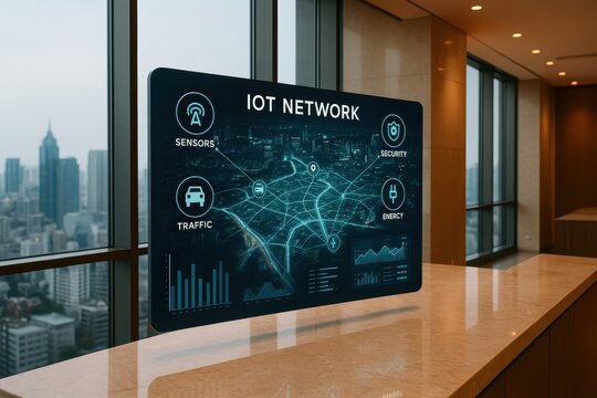 A modern display showcasing IoT network technology with sensor, traffic, energy, and security data overlooking a cityscape
