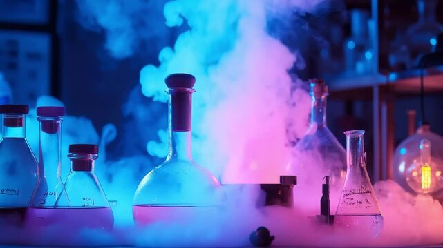 Glass flasks and beakers filled with chemicals producing colorful smoke in a science laboratory