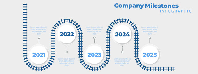Іnfographic in blue with five steps for annual milestone or business timeline. Circle icons, diagram,  process elements for data flow. Vector banner layout for report, marketing, or web presentation.