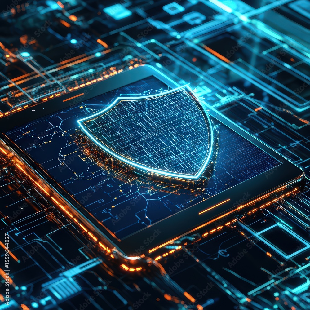 Aufkleber Cybersecurity event digital shield protection virtual space graphic design high-tech environment aerial view data security concept