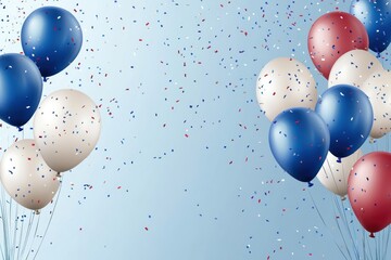 Birthday party banner with blue wallpaper filled with realistic 3D balloons and confetti on transparent background, space for message