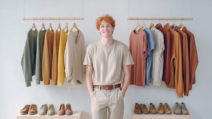 Young man posing in front of a soft autumn capsule wardrobe featuring knitwear, shirts, and matching shoes in warm earthy tones.
