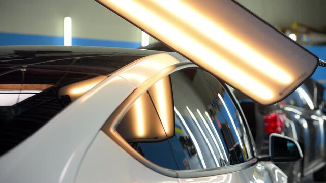Process of pointless dent repair on car body, white car at the auto shop to repair dents in car body. PDR